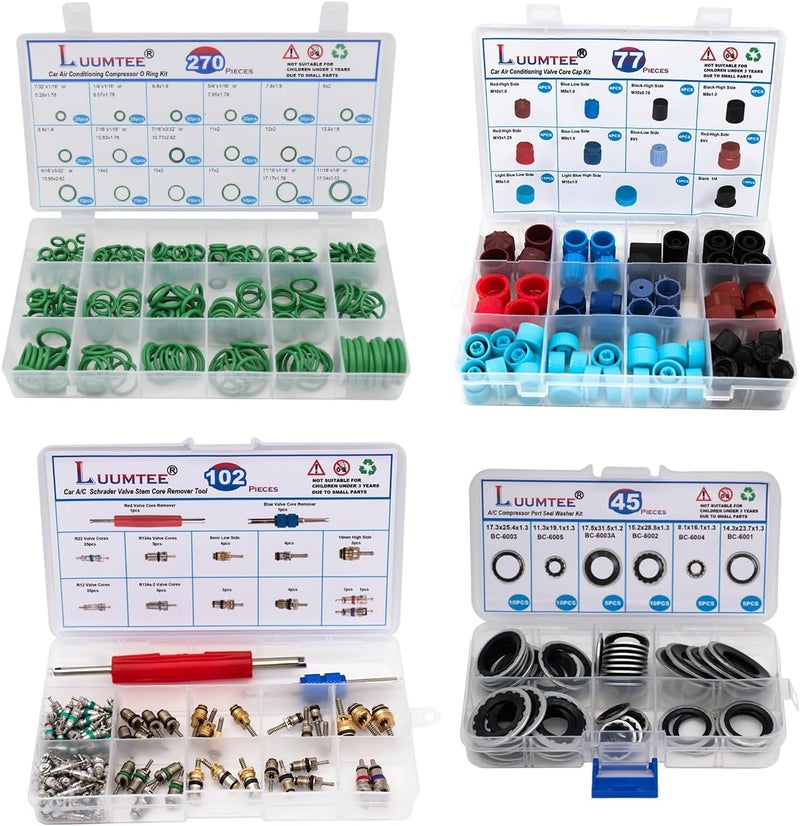 Luumtee 4 Set Car A/C Repair Kits,270pcs O-Ring Seals Kit+102PCS A/C Valve Core Kit+77pcs Charging Port Dust Caps+45pcs Compressor Gasket Seals(494PCS) - Image 1
